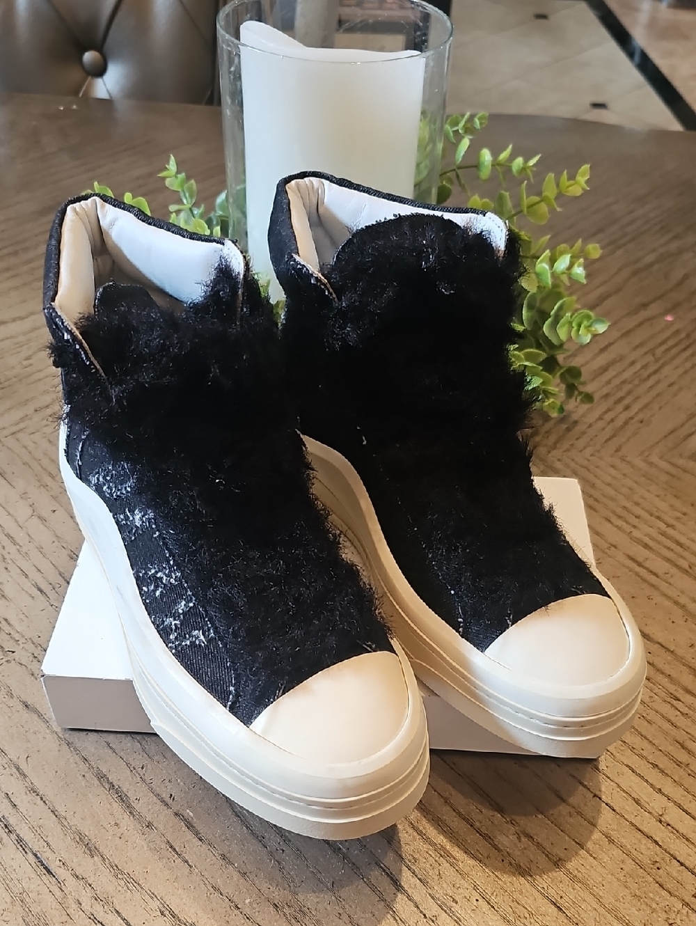 Denim Black Faux-Fur High-Top Sneakers Size 37 Or 7 NWOT P448